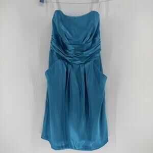 DAVID'S BRIDAL Strapless Satin Ruched Bodice Mini Dress Blue Pockets Size 6